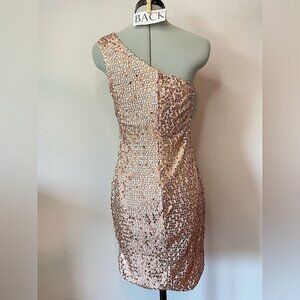 AUW Rose Gold Sequin One Shoulder Mini Dress, Size Medium (Juniors)